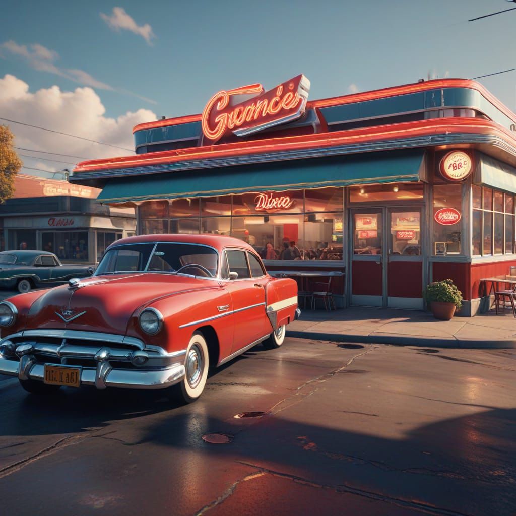 Vibrant 1950s Diner Scene with Classic Cars and People