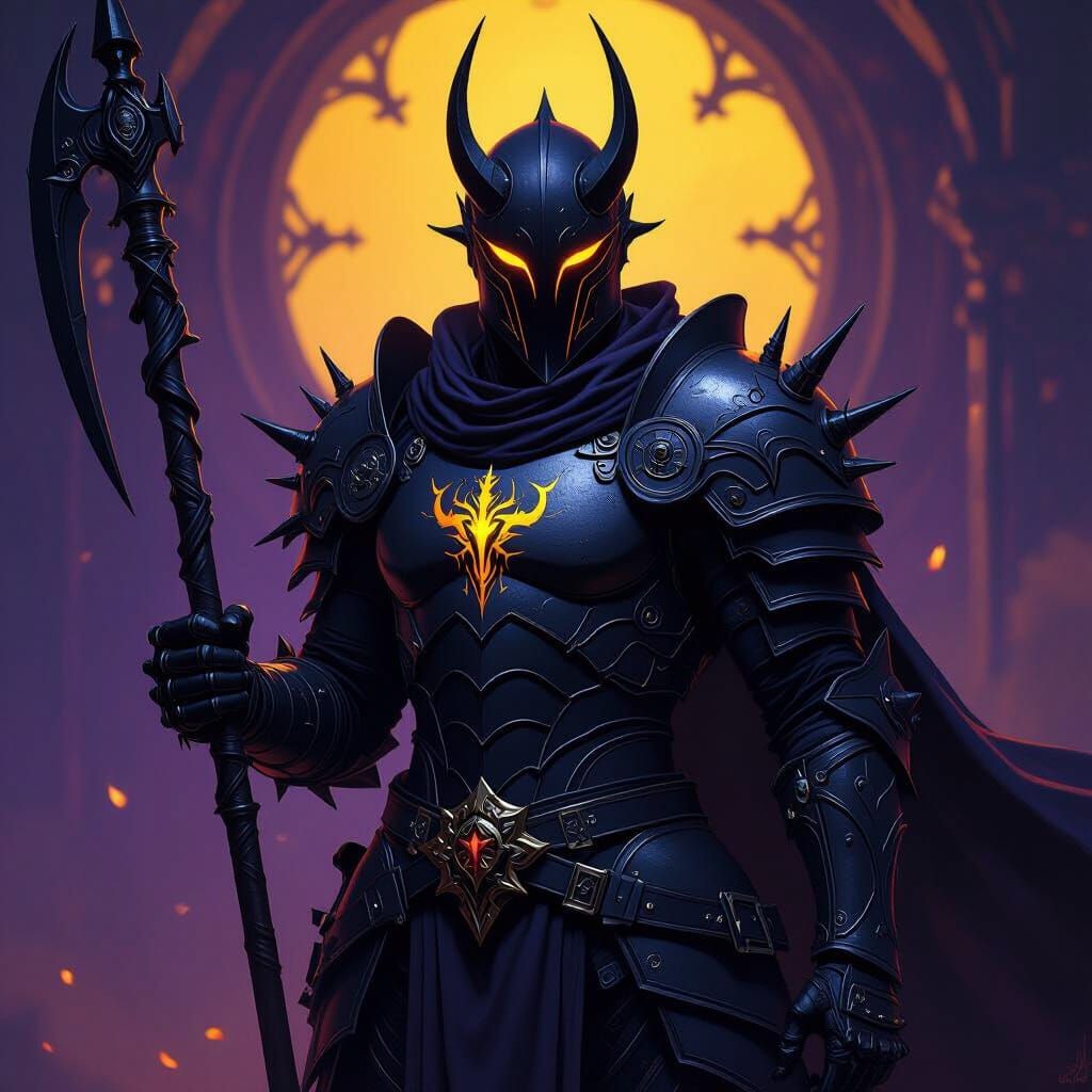 Androgynous Warrior in Black Armor with Halberd