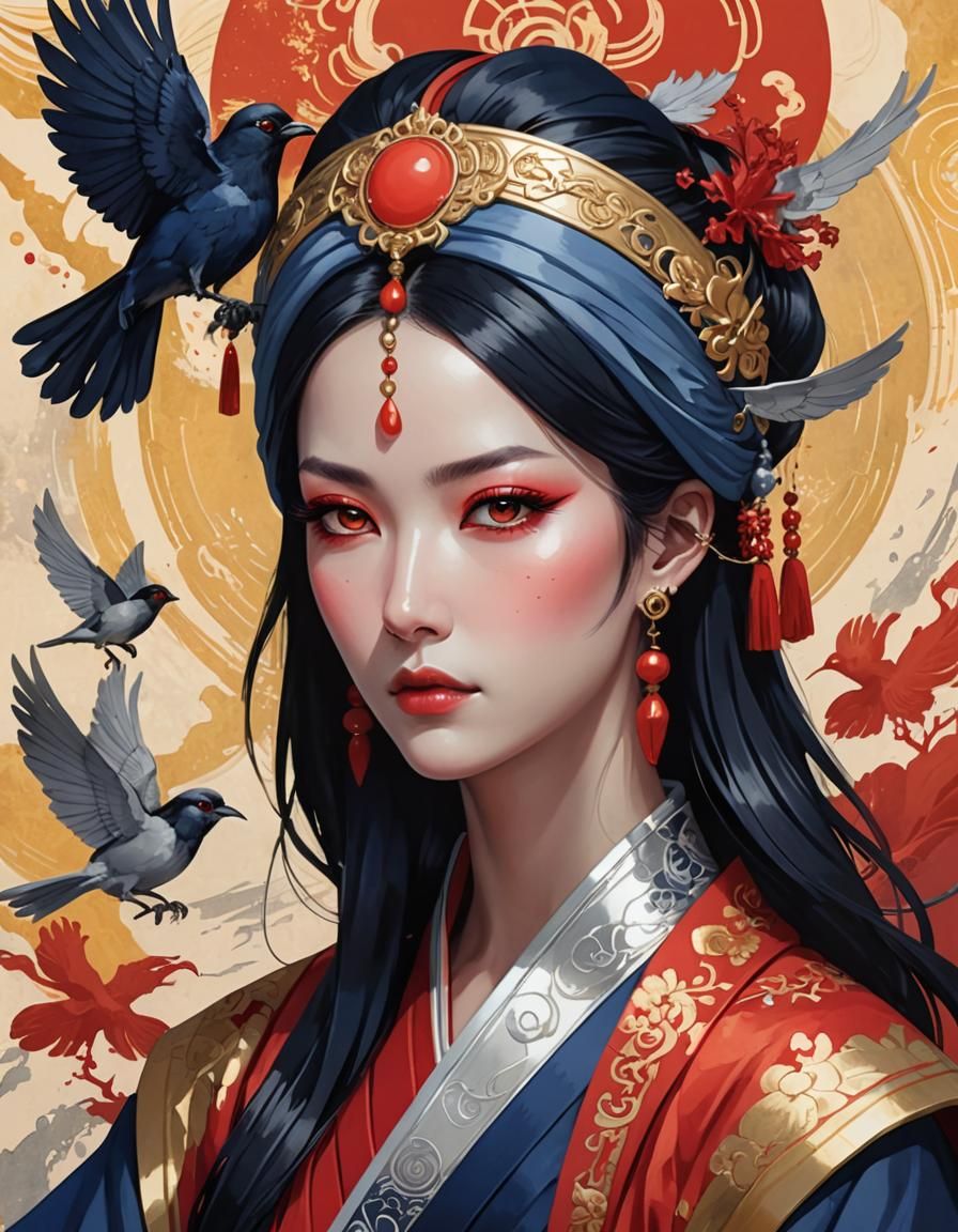 Anime Portrait: Woman with Red Eyes and Metallic Headpiece