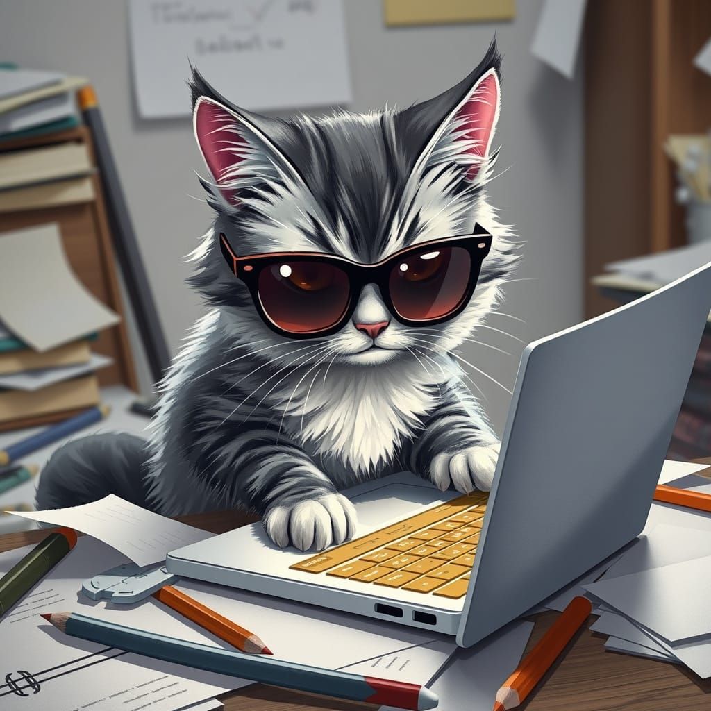 Futuristic Cat in Cyberpunk Study