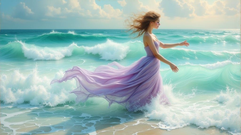 Woman Dancing in Turquoise Sea in Pre-Raphaelite Style