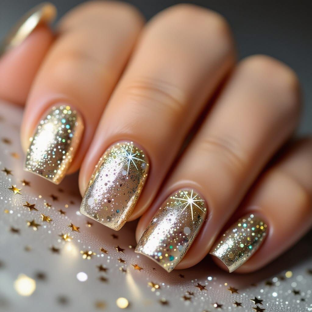 Sparkling Gold and Silver New Year's Nails with Glitter Star...