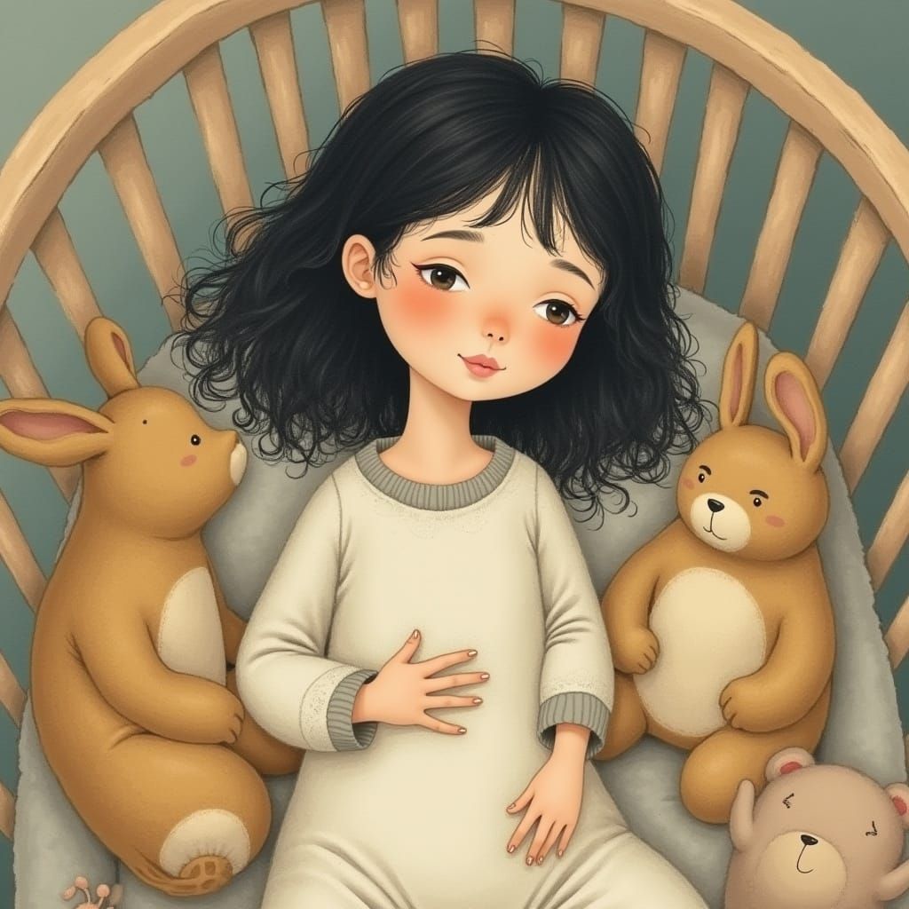 Woman in Crib: Whimsical Children's Book Illustration