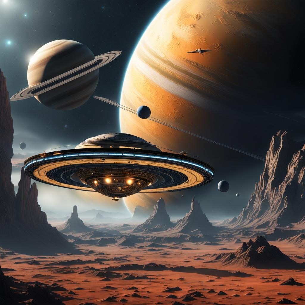 Elegant Starship Approaches Saturn in Detailed Painting