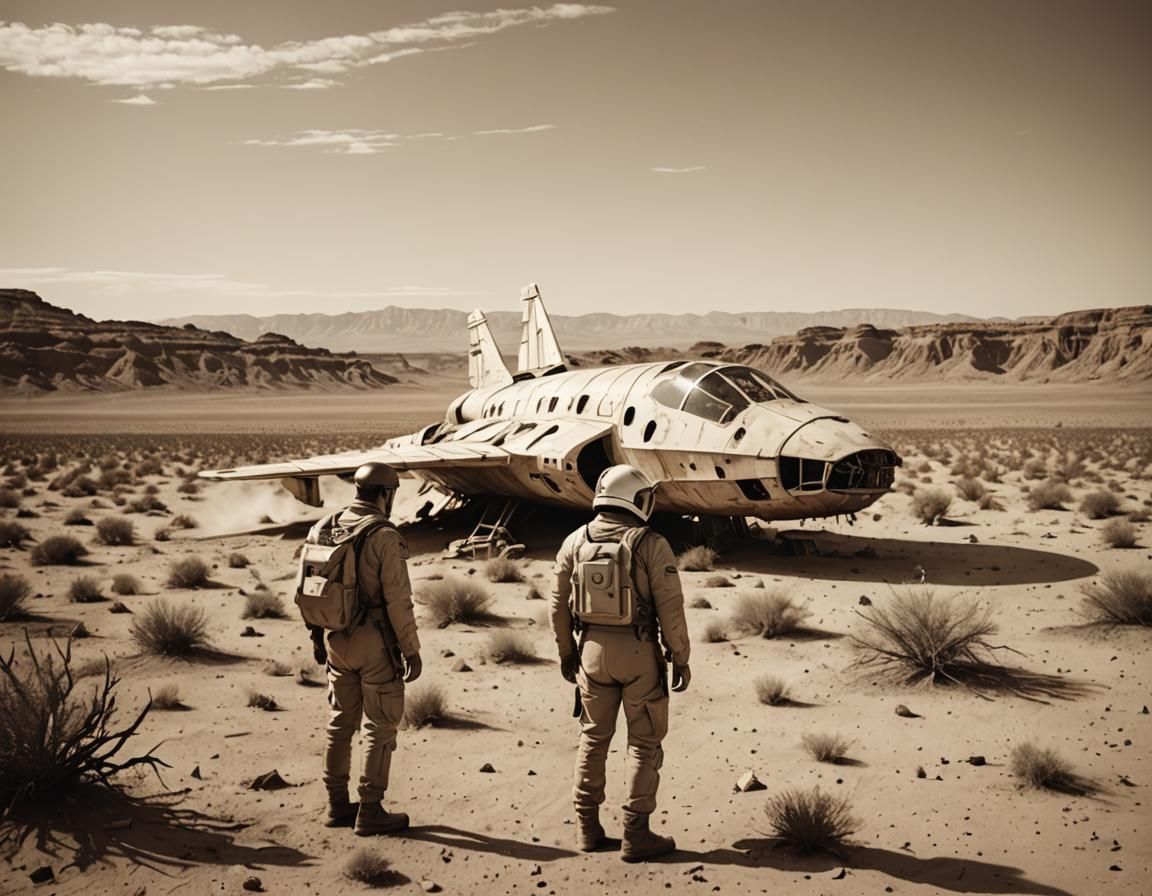Crashed Spaceship in Sepia Desert Landscape