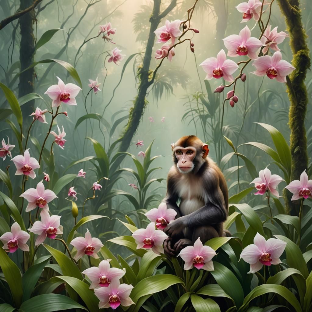 Monkey in Jungle of Surreal Monkey Orchids