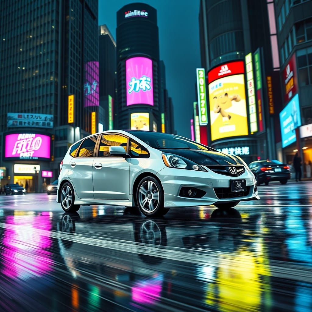 Honda Fit Drifting in Neon Tokyo: Syd Mead Style