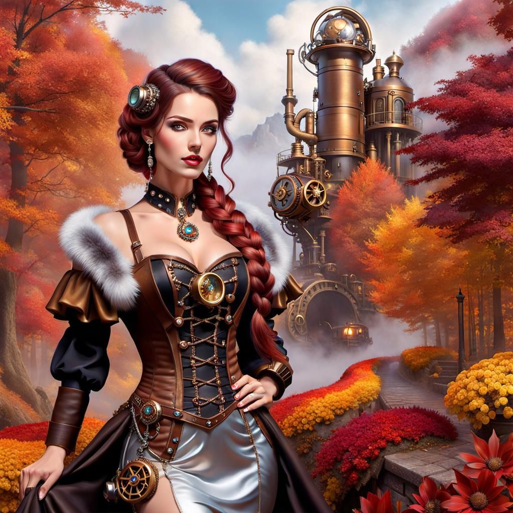 Modern Young lovely Steampunk Woman with Red Brown braided u...