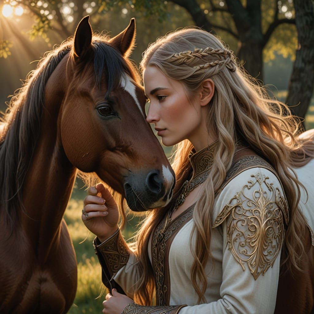 A woman talking to her horse