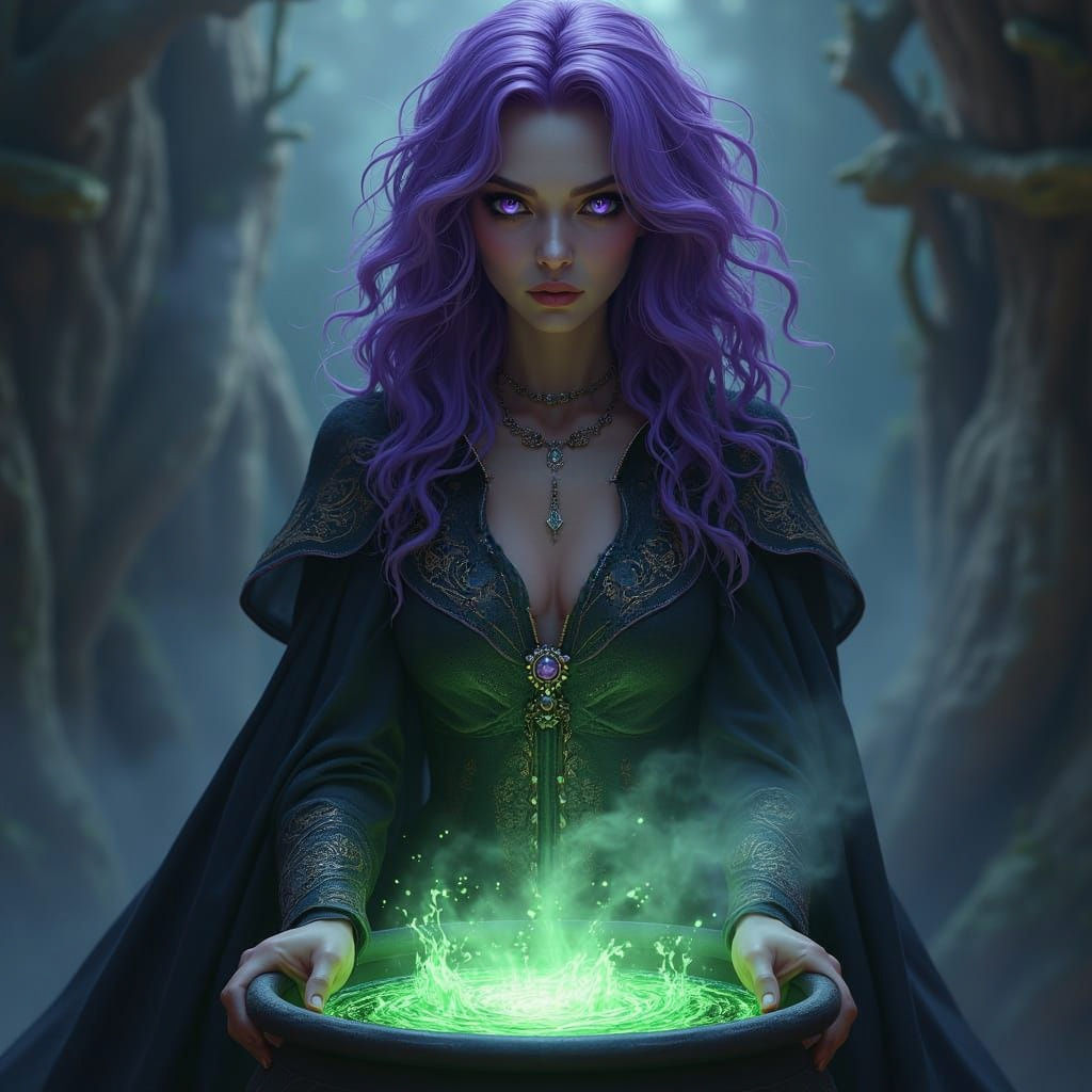 Fantastical Witch in Mystic Cauldron Scene