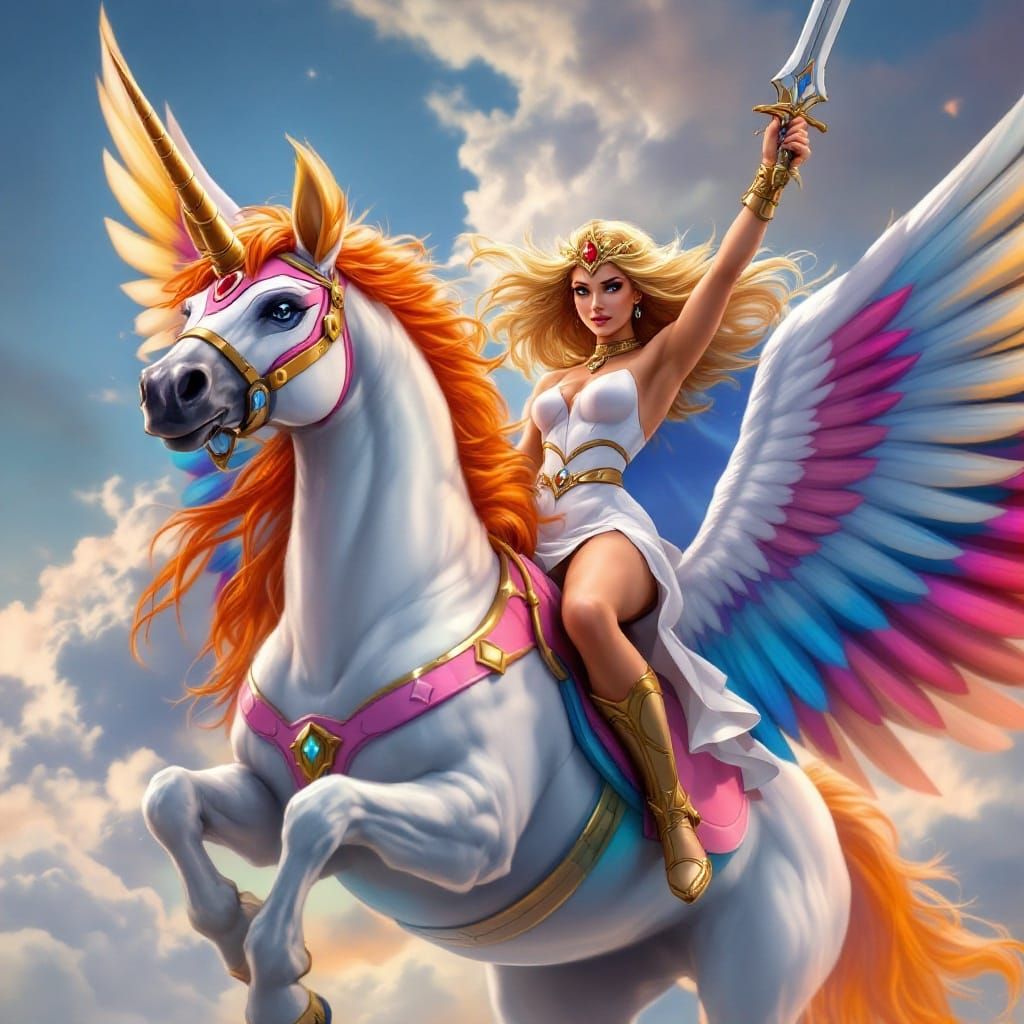 Winged Unicorn and Princess in Dusk Clouds