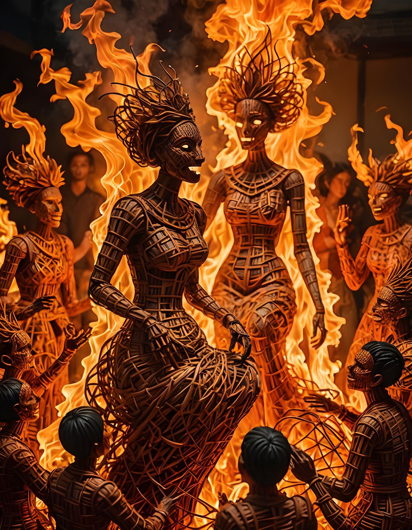Wicker Figures Engulfed in Flames: A Wickerwork Inferno