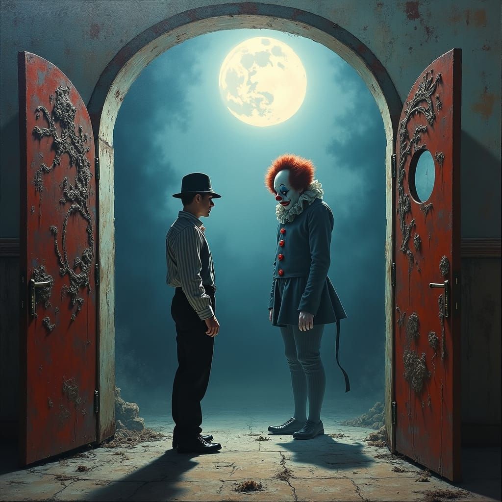 Creepy Clown in Circus Moonlight: Impasto Art Deco