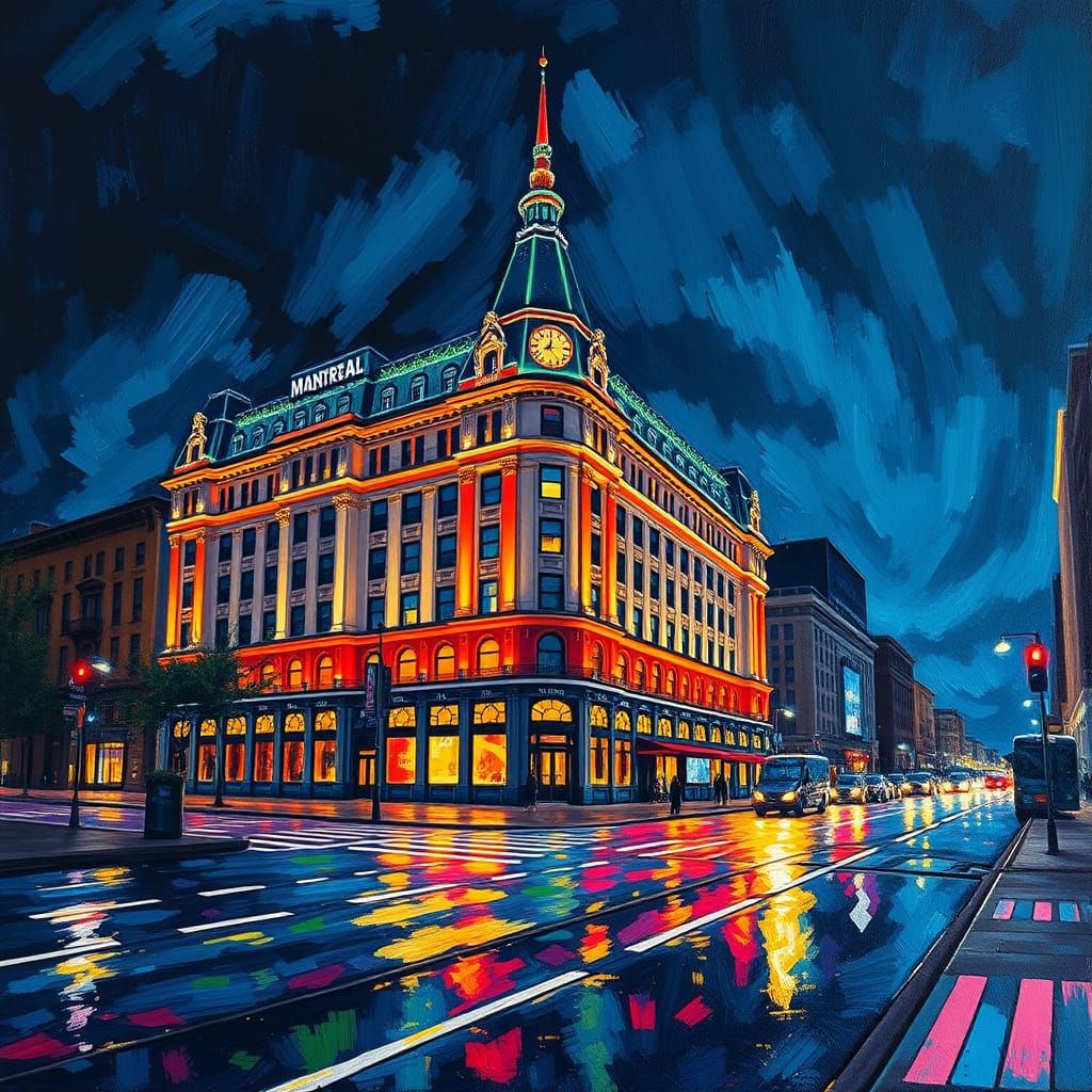 Montreal Nighttime Cityscape in Vibrant Oil Paint