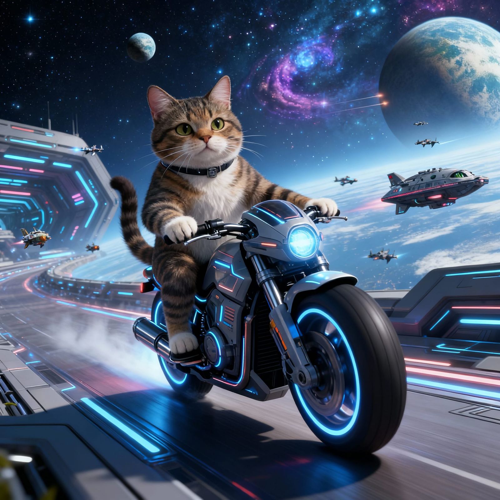 Cat Riding a Motorcycle in Dynamic Motion