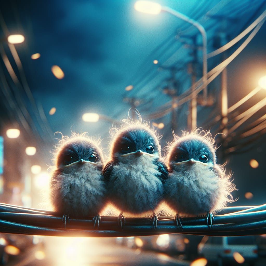 Dramatic Film Still of Baby Birds on a Wire
