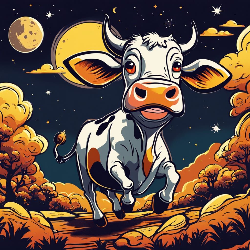 Cow Jumping Over Moon in Retro Cartoon Style