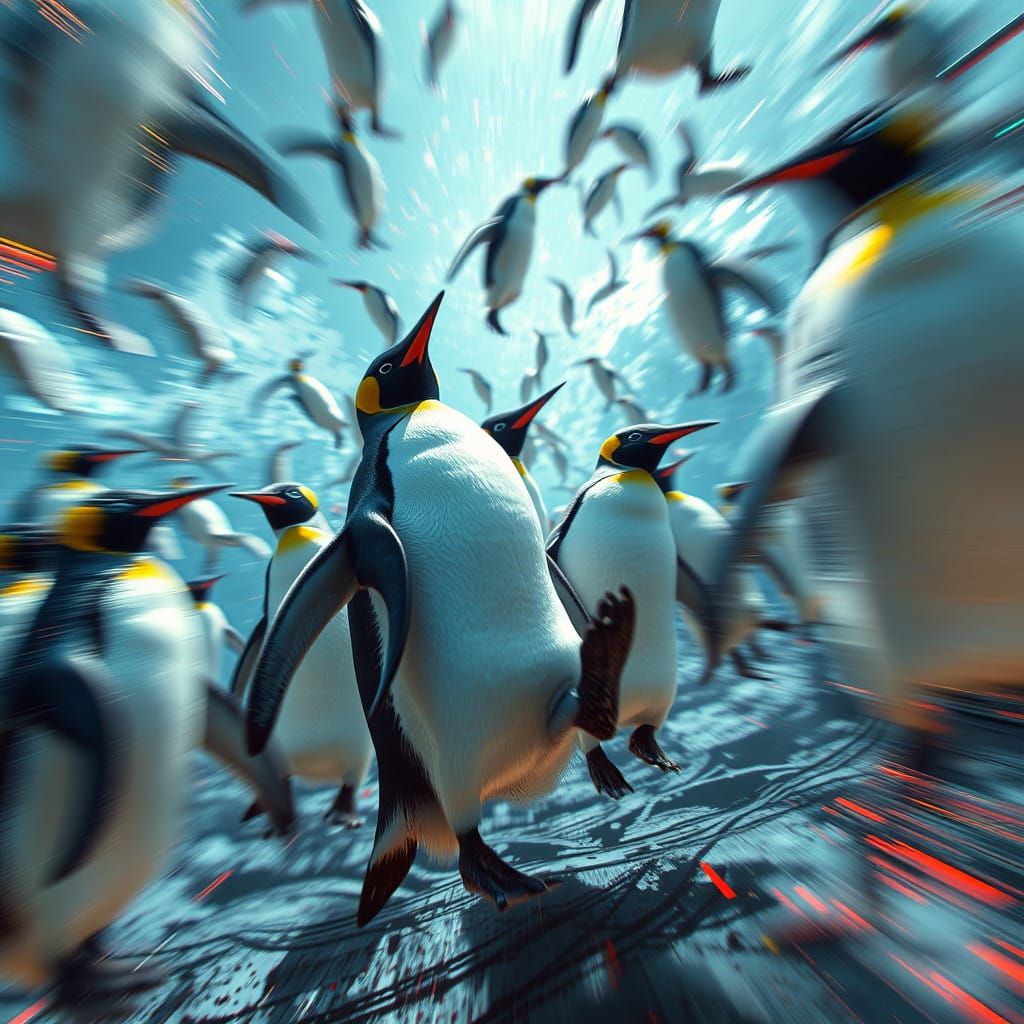Penguins in Whirling Motion, Dreamlike Scene in Vibrant Colo...