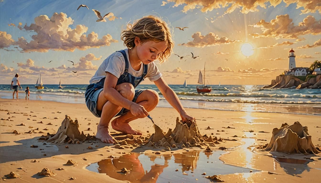 Child Building Sandcastles: An Oil Painting