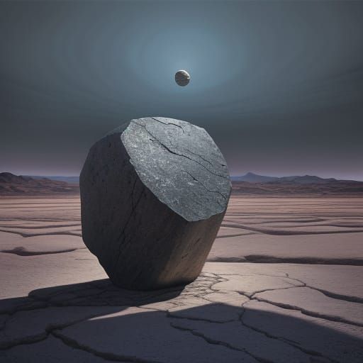 Mysterious Stone on Barren Landscape, Surrealist Masterpiece