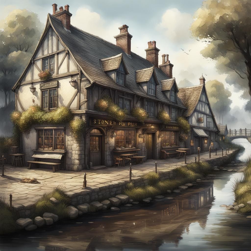 Fantastical Stone Pub by the River in Watercolour