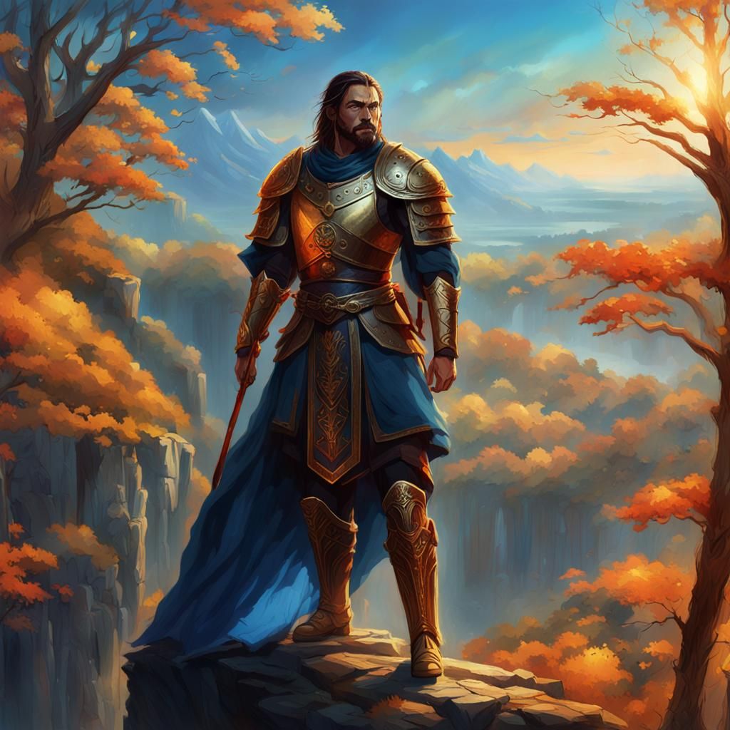Regal Warrior Overlooks Mystical Forest: Concept Art