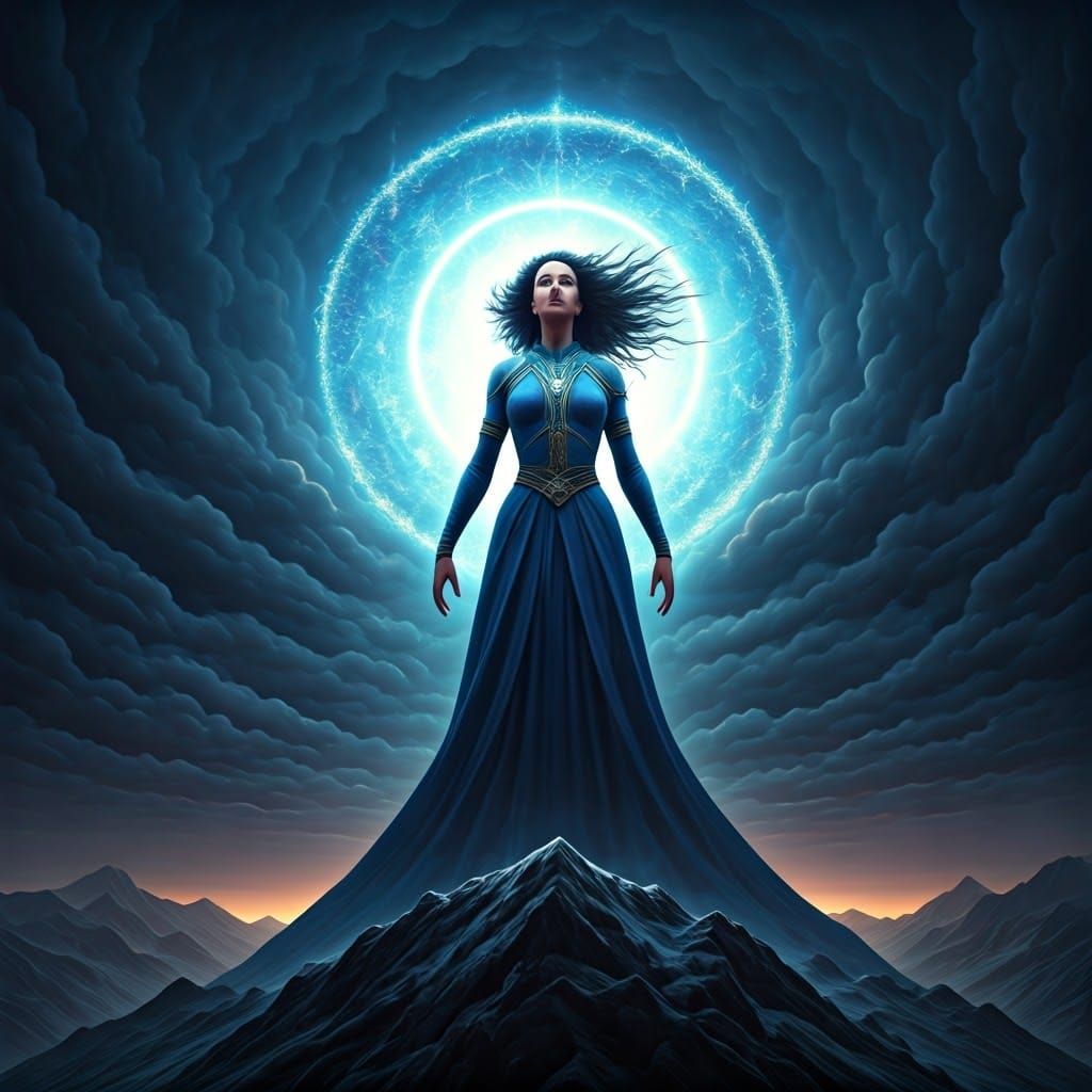 Blue Sorceress on Stormy Peak: Digital Matte Painting