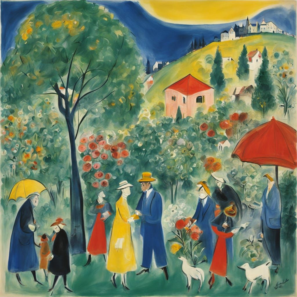 Whimsical Figures in a Dreamlike Landscape