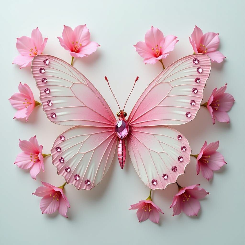 Pink Quartz Butterflies Around Silk Flowers