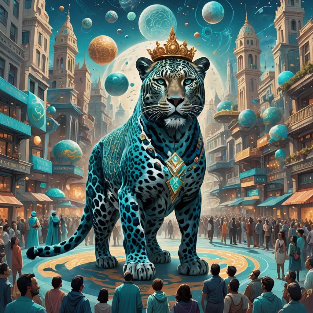 Blue Leopard King in Surreal Ethereal City
