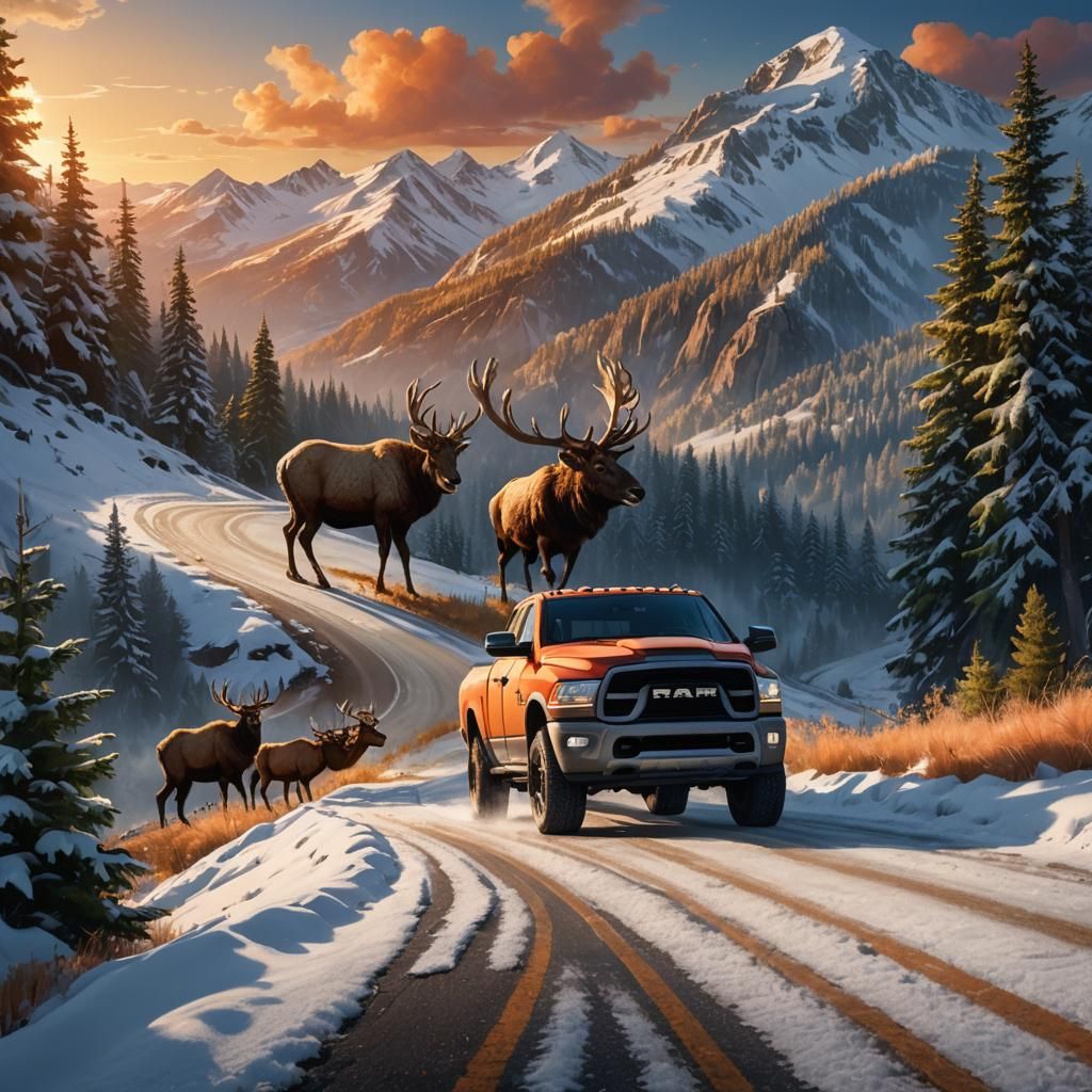 Elk in a Ram Truck on Mountain Road