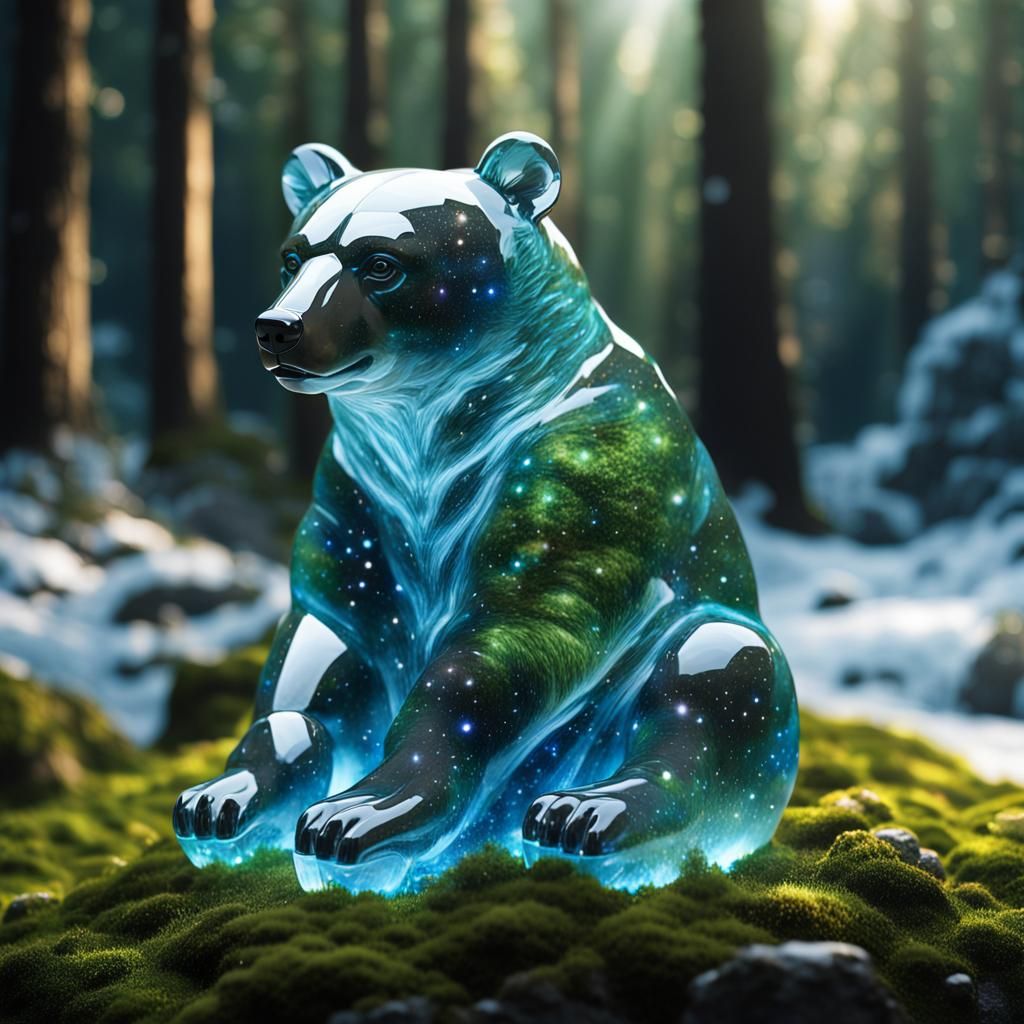 Hyperrealistic Glass Bear Statue in Epic Landscape