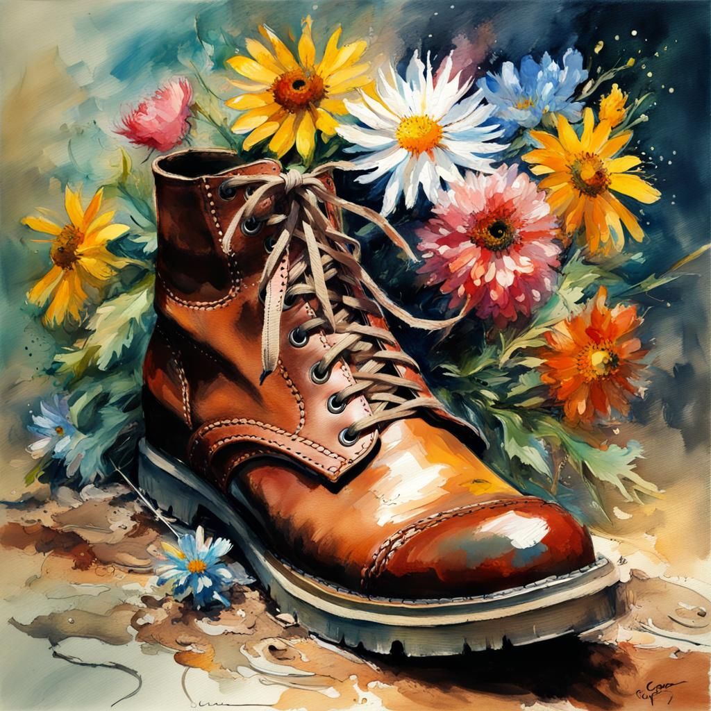 Floral Bouquet in Leather Anklet: Impressionistic Watercolor