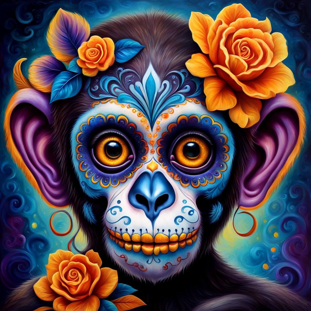 Day of the Dead Monkey in Surreal Oil Painting