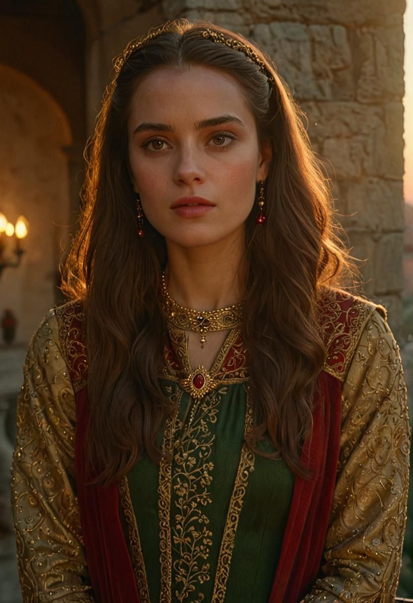 Noblewoman on Balcony at Sunset: Cinematic Still