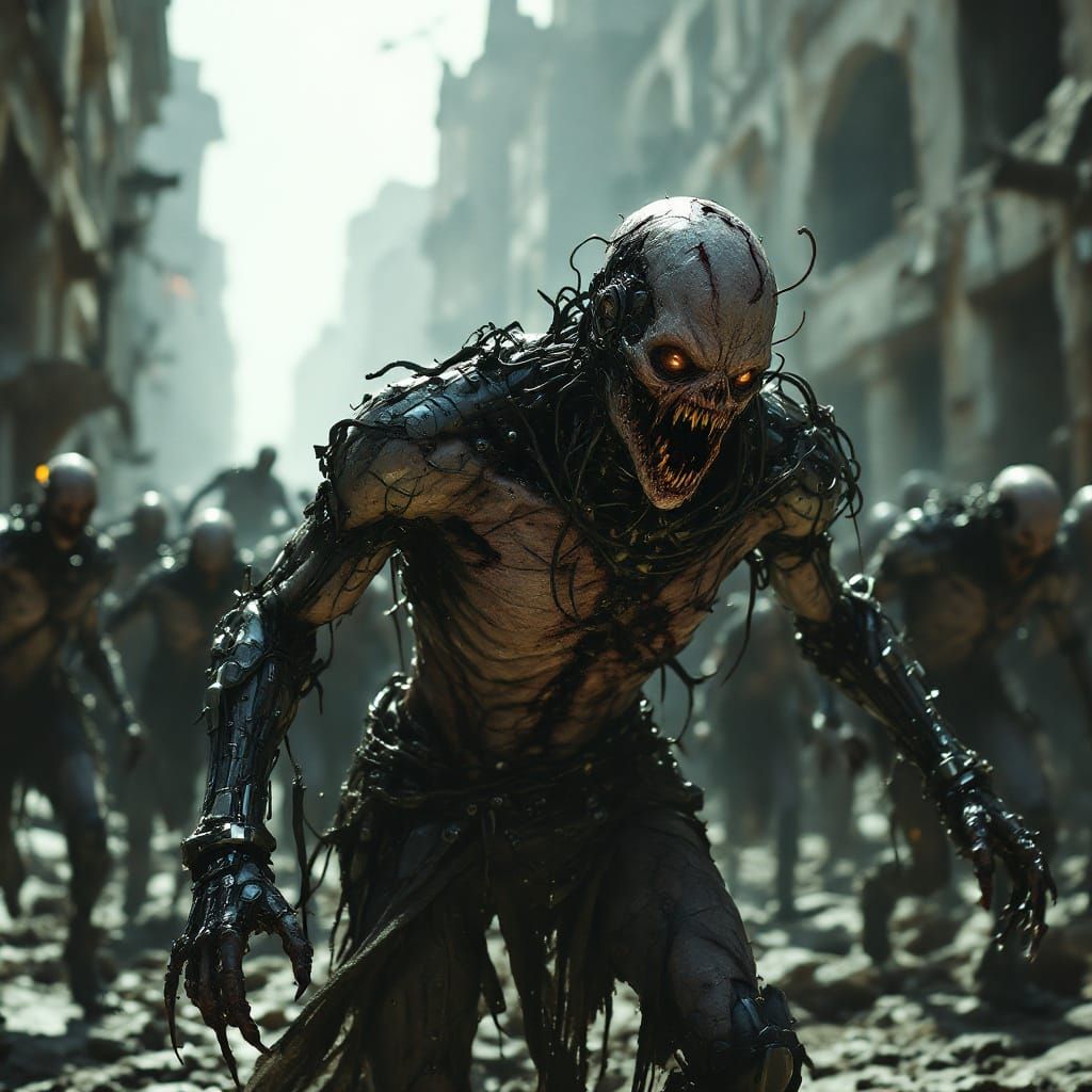 Biomechanical Zombie Horde in Ruined Cityscape
