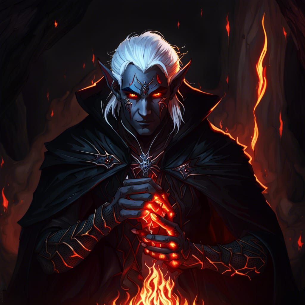 Drow Elf Casting Spell in Fire Cave: Dark Fantasy Art