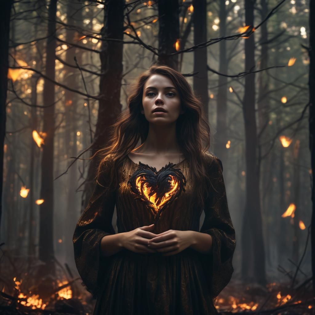 Woman with Fiery Heart in Mystical Forest