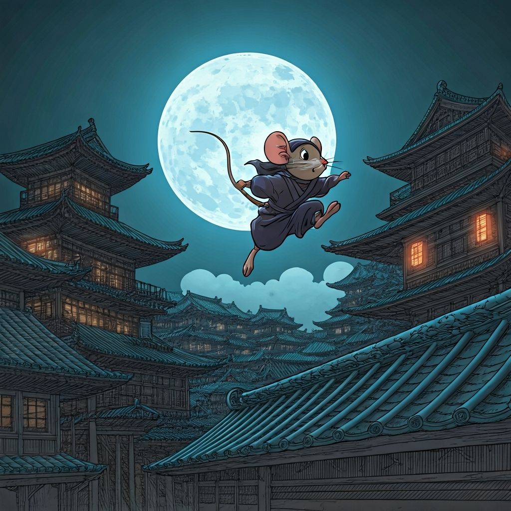 Style of Tenniel, a mouse dressed as a ninja running over tr...