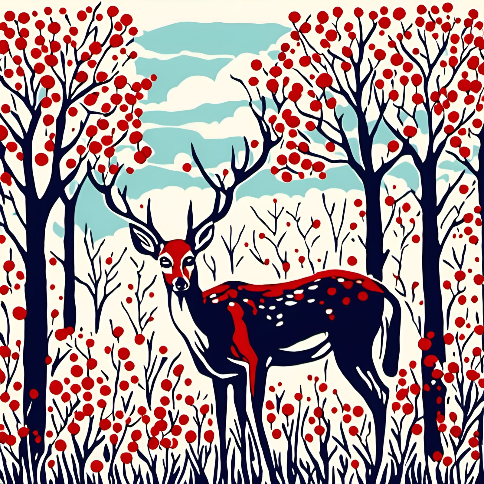 Deer in Berry Tree Landscape