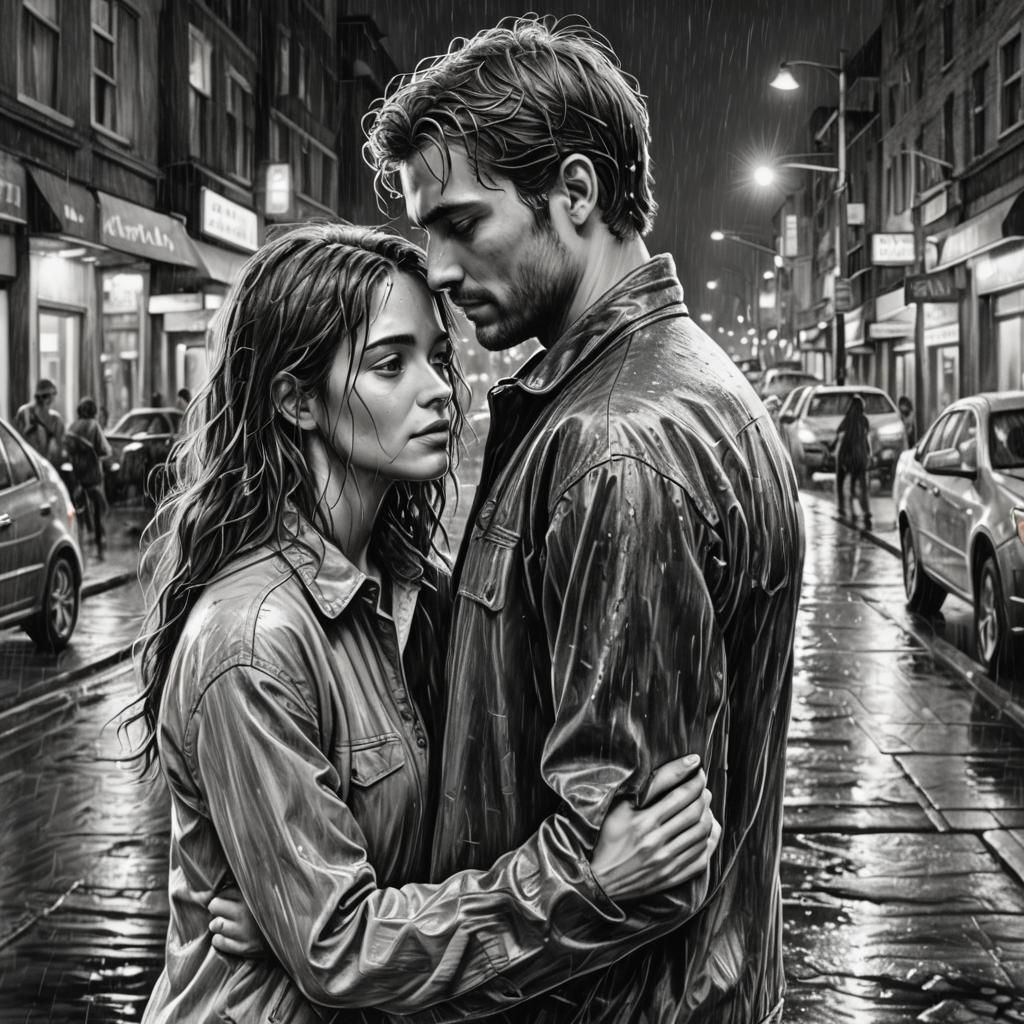 Couple Embracing on Wet City Street: Charcoal Sketch
