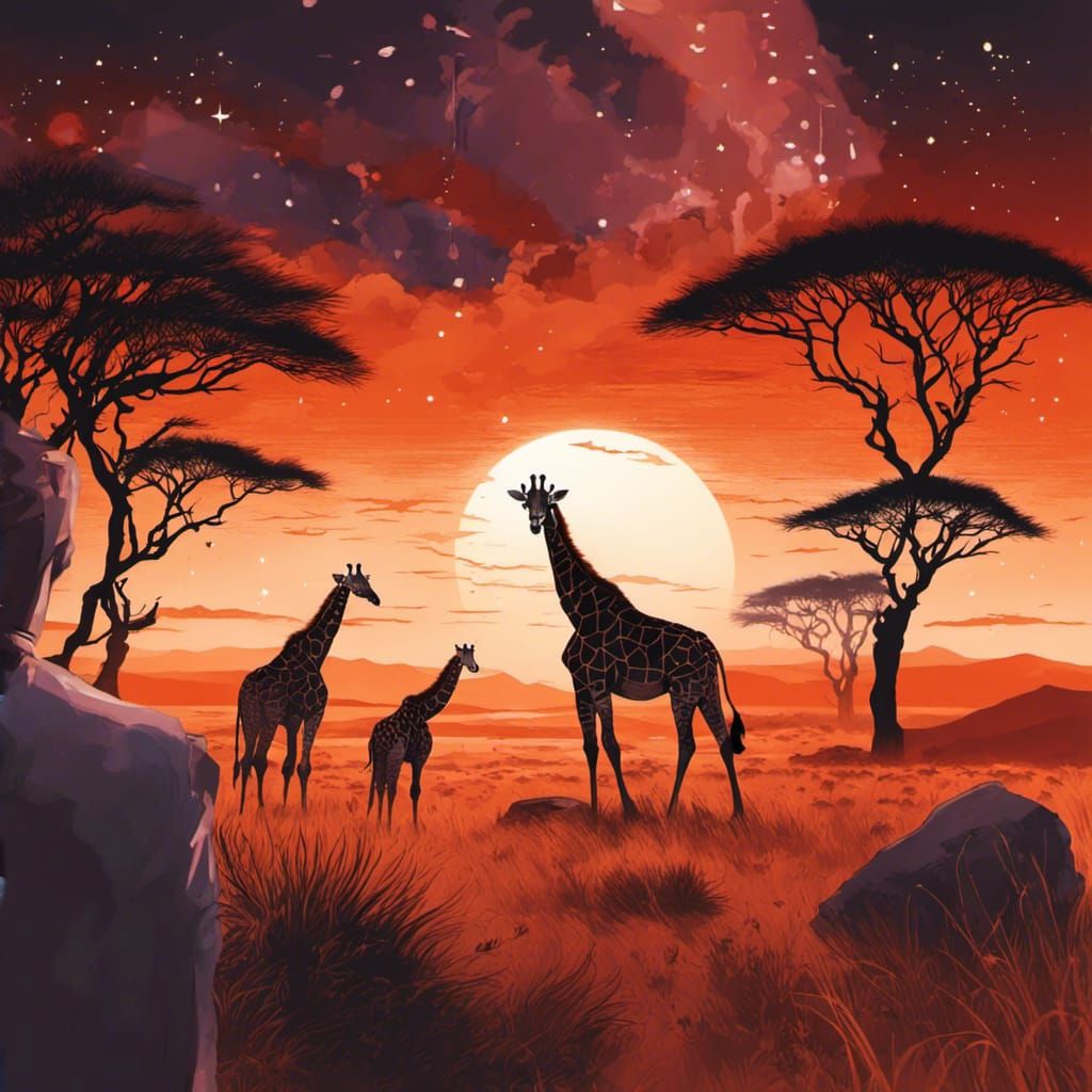 Giraffe Family at Night: A Savannah Scene