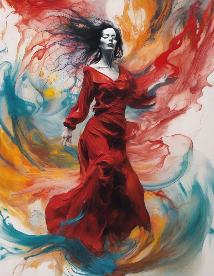 Androgynous Figure in Crimson Ink Maelstrom