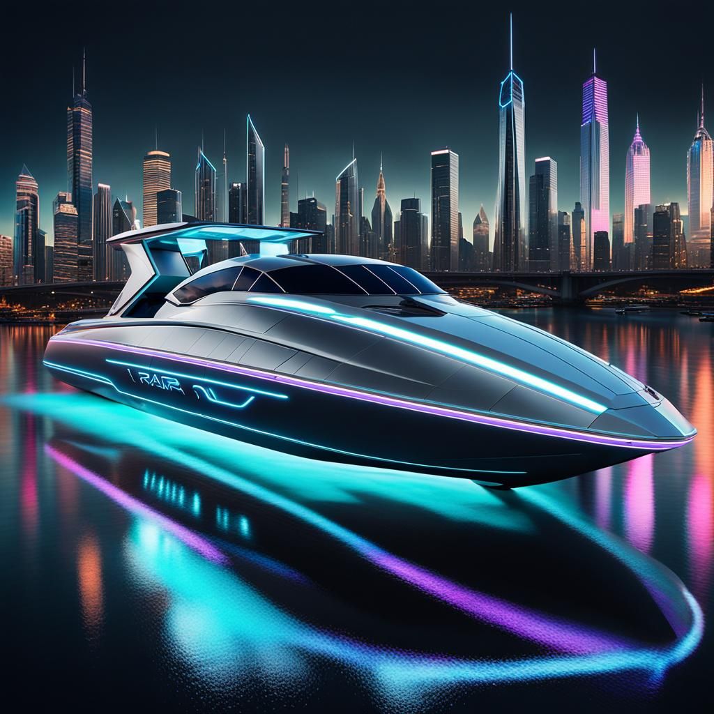A sleek, silver spaceship-inspired boat