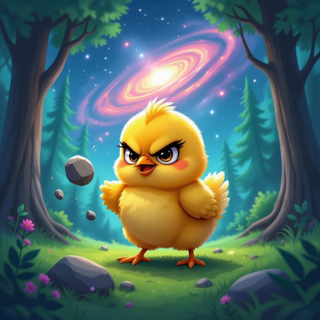 Grumpy Chick Throws Rock in Nebula Forest