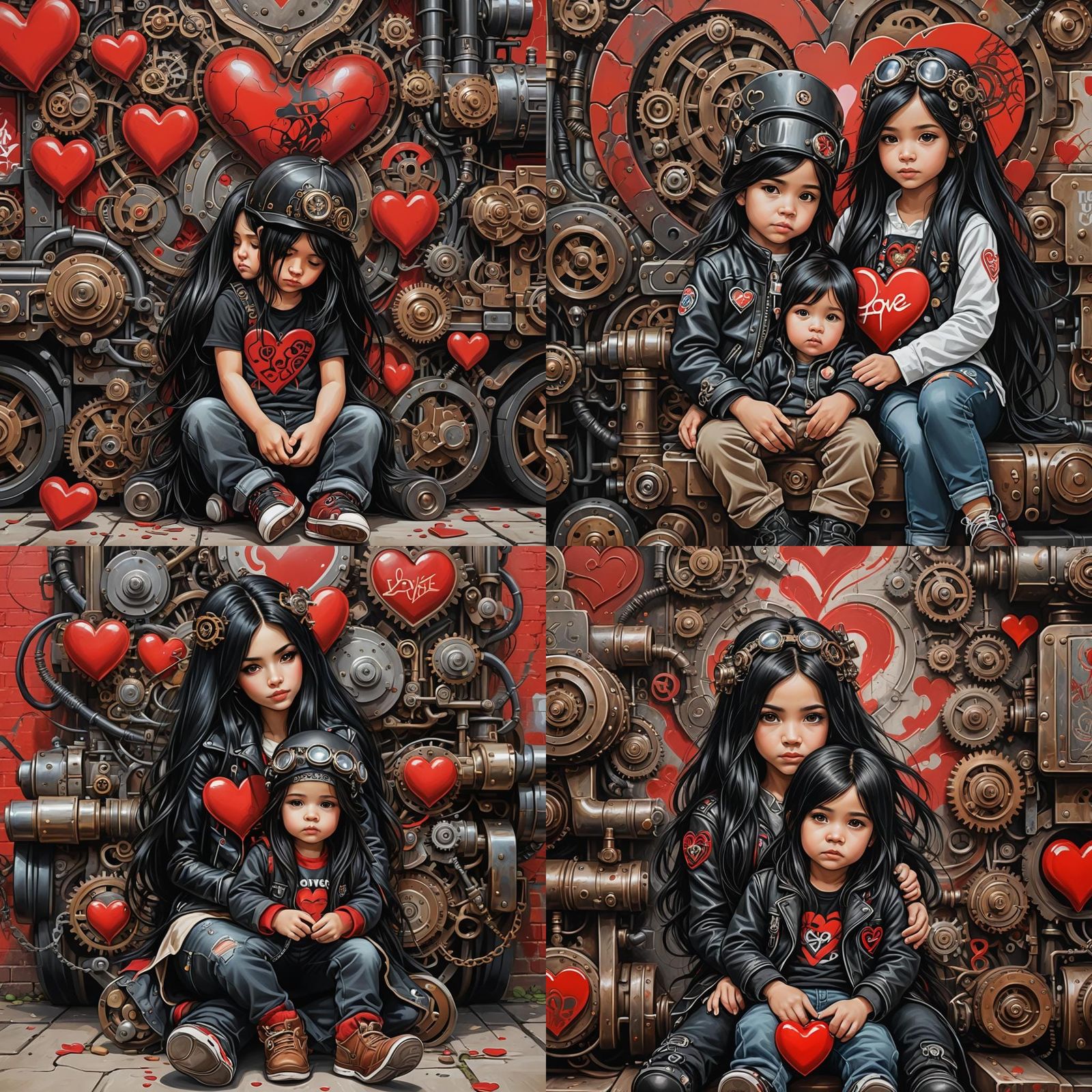 Graffiti Portrait: Children Surrounded by Love Hearts