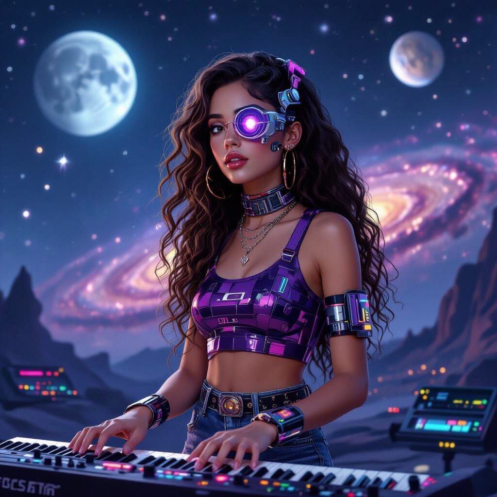 Cybernetic Musician in Galactic Night Sky