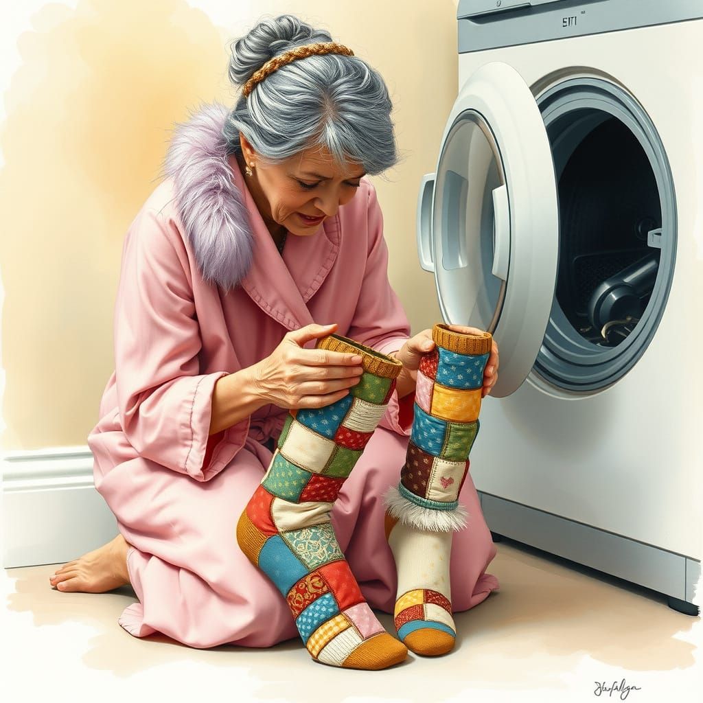 Elderly Woman Examines Patched Socks in Watercolor Style