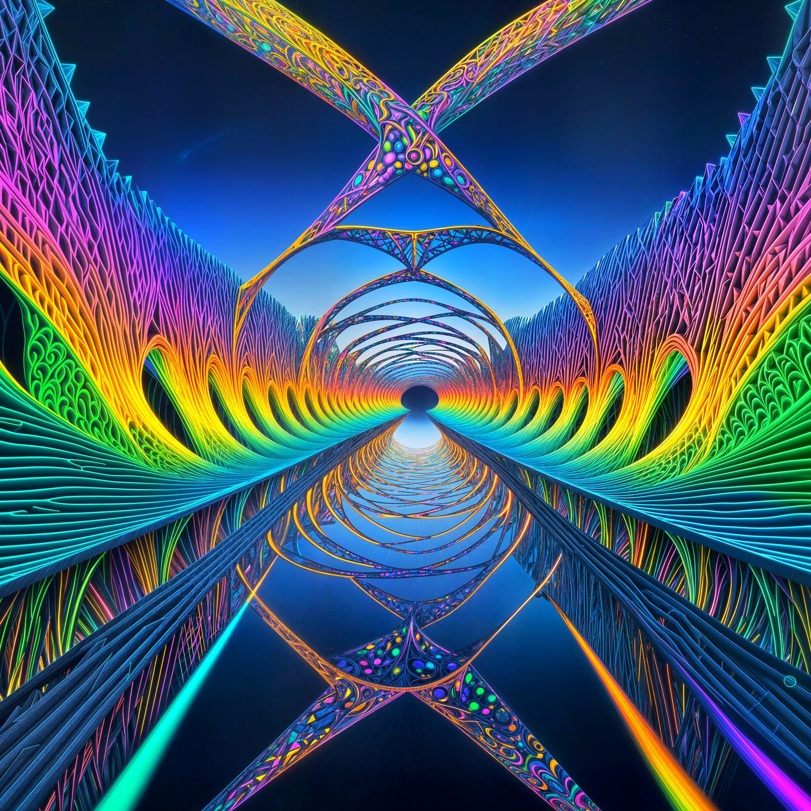 Neon Rainbow Bifrost Bridge in Geometric 3D