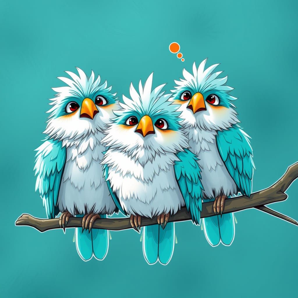 Turquoise Cartoon Birds with Confused Expressions